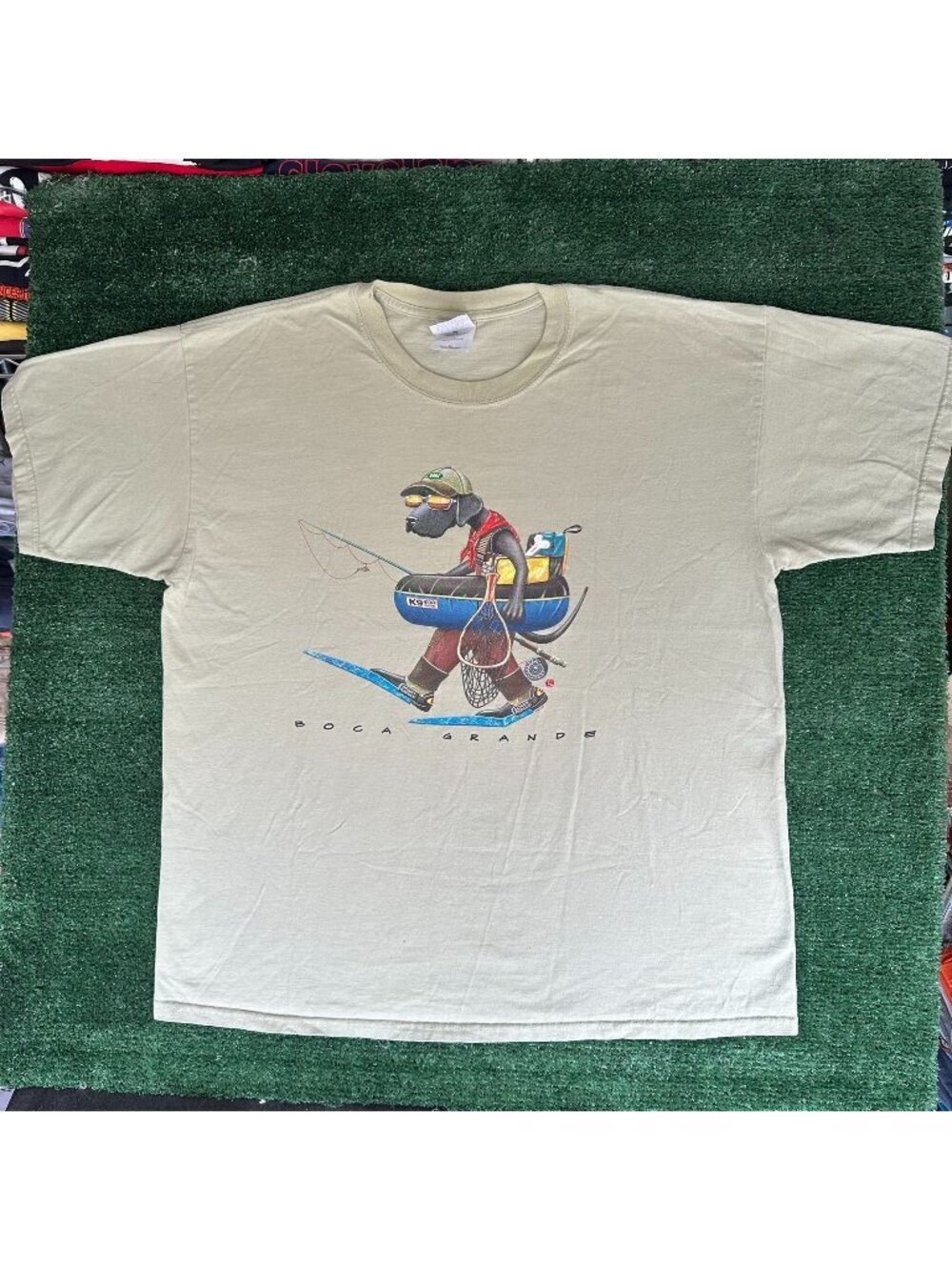 Vintage 90s Boca Grande Fishing Dog T-Shirt Preppy Boxy Beige XL 1999 Tourist